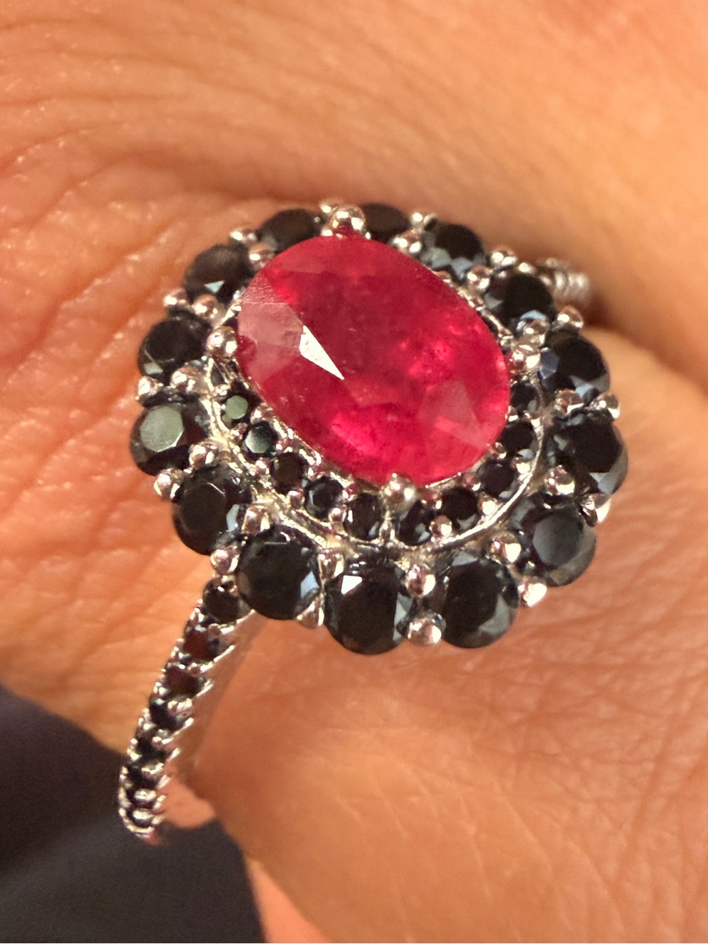 Natural Ruby Halo Ring with Black Spinel Accents Sz9.5
